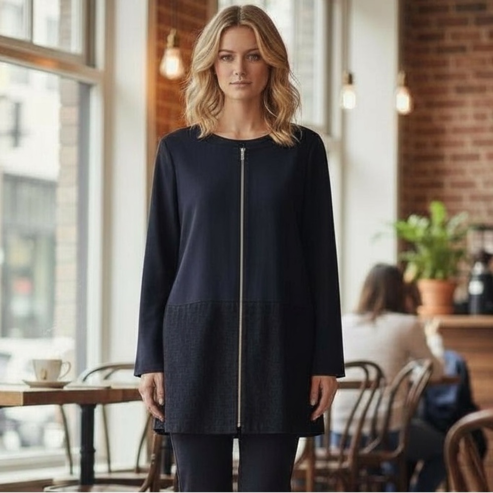 New Lafayette 148 Women’s Navy Blue Long Jacket with‎ Genuine Suede Trim Luxe